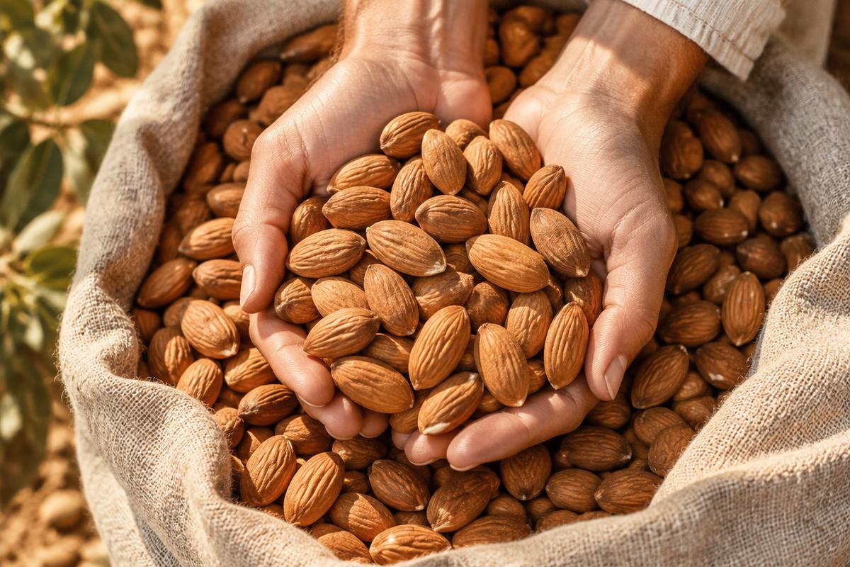Hands holding freshly gathered almonds